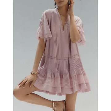 MQTIME  -  Women Summer Floral Lace See-through Patchwork Flare Short Sleeve V-Neck Loose Fit Ruffled Pleated Hem Mini Dress